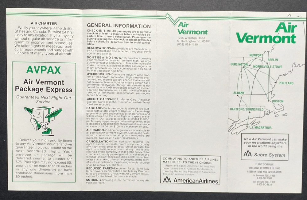 Air Vermont Timetable Effective December 15, 1982