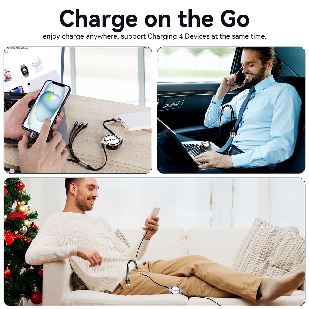 MINLU Multi Charging Cable 4A, 2Pack 4Ft Retractable Fast 4ft, Gray