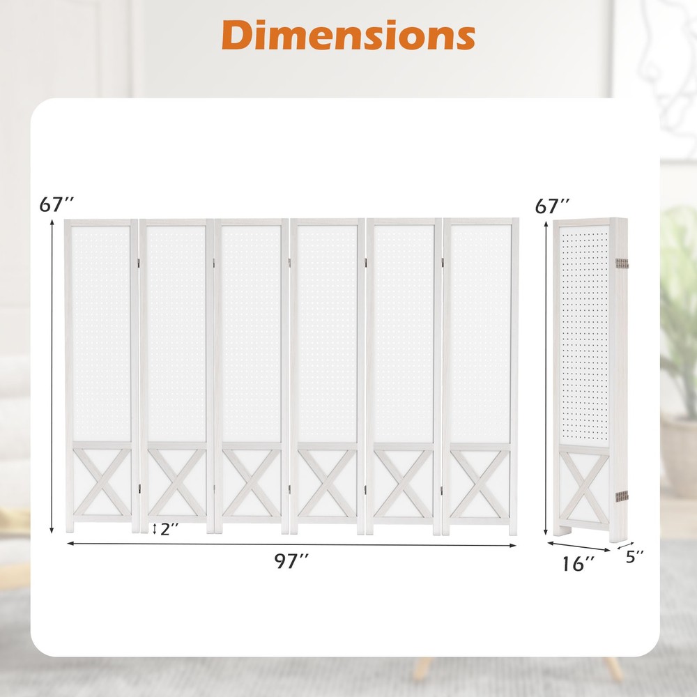 6-Panel Pegboard Room Divider, 67" Tall Foldable Privacy Screen, For Home, White