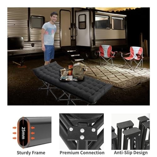 Oversized XXL Folding Camping Cot W/Mat for Black With Comfortable Mattress