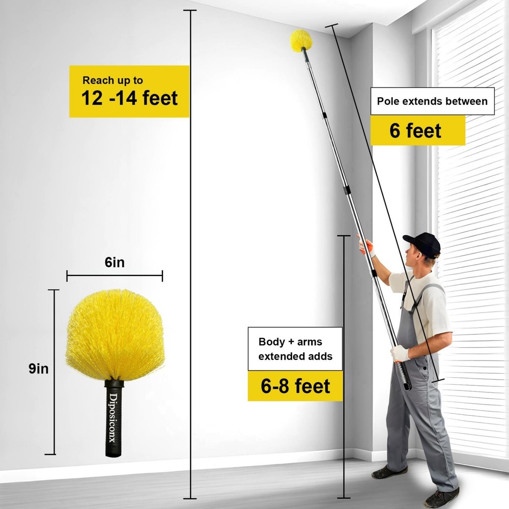 Cobweb Duster with Extension Pole，6-Feet Handle Aluminum Telescoping Pole