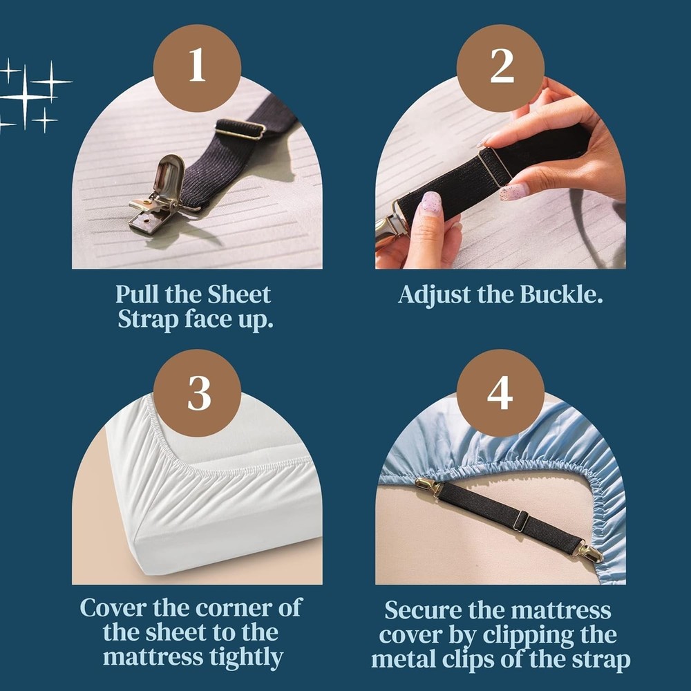 Secure Fitted Sheets with 4 PCS Heavy-Duty Bed Sheet Clips - Machine Washable