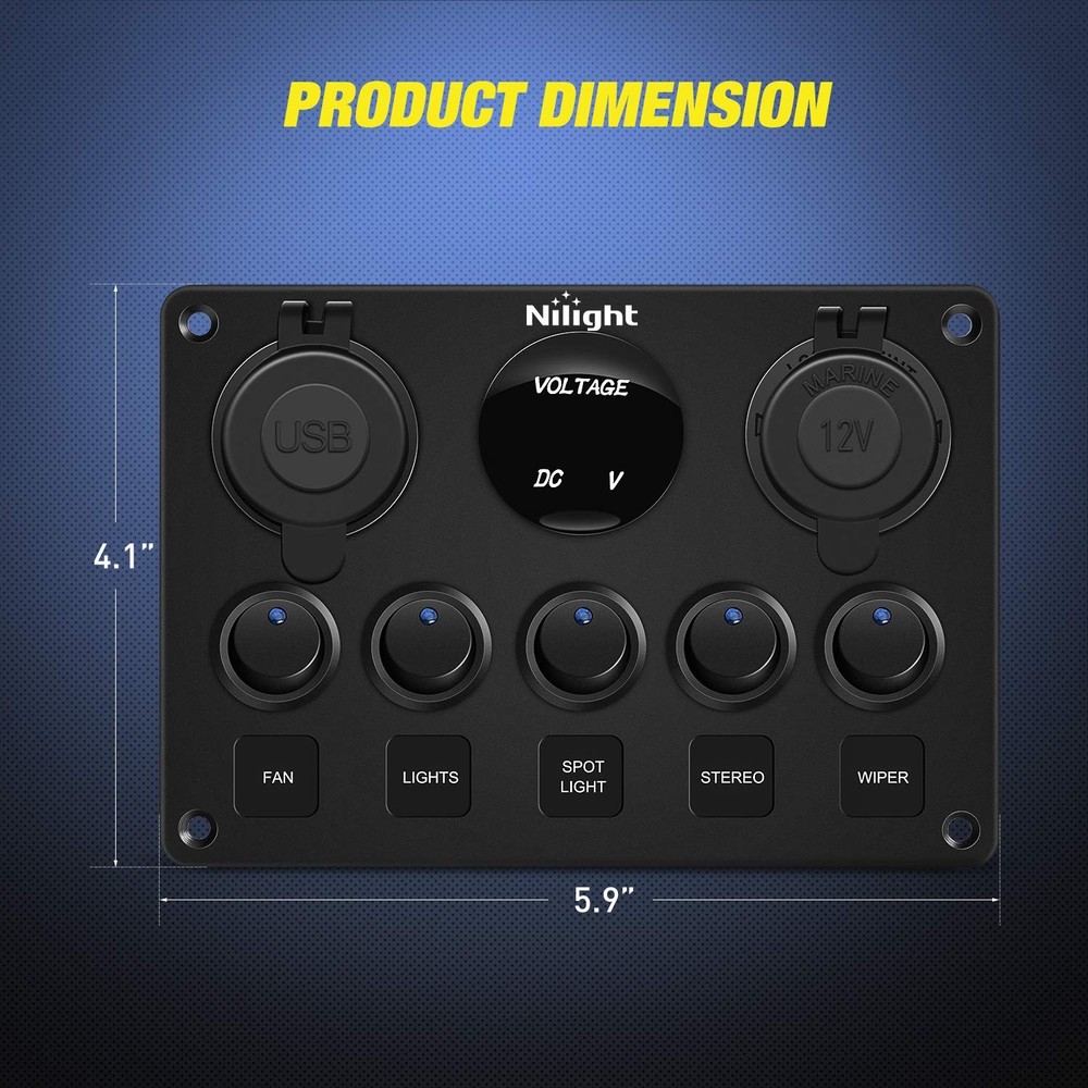 Nilight 90101E 5Gang Multi-Function 5 Gang Rocker Switch Panel, Blue