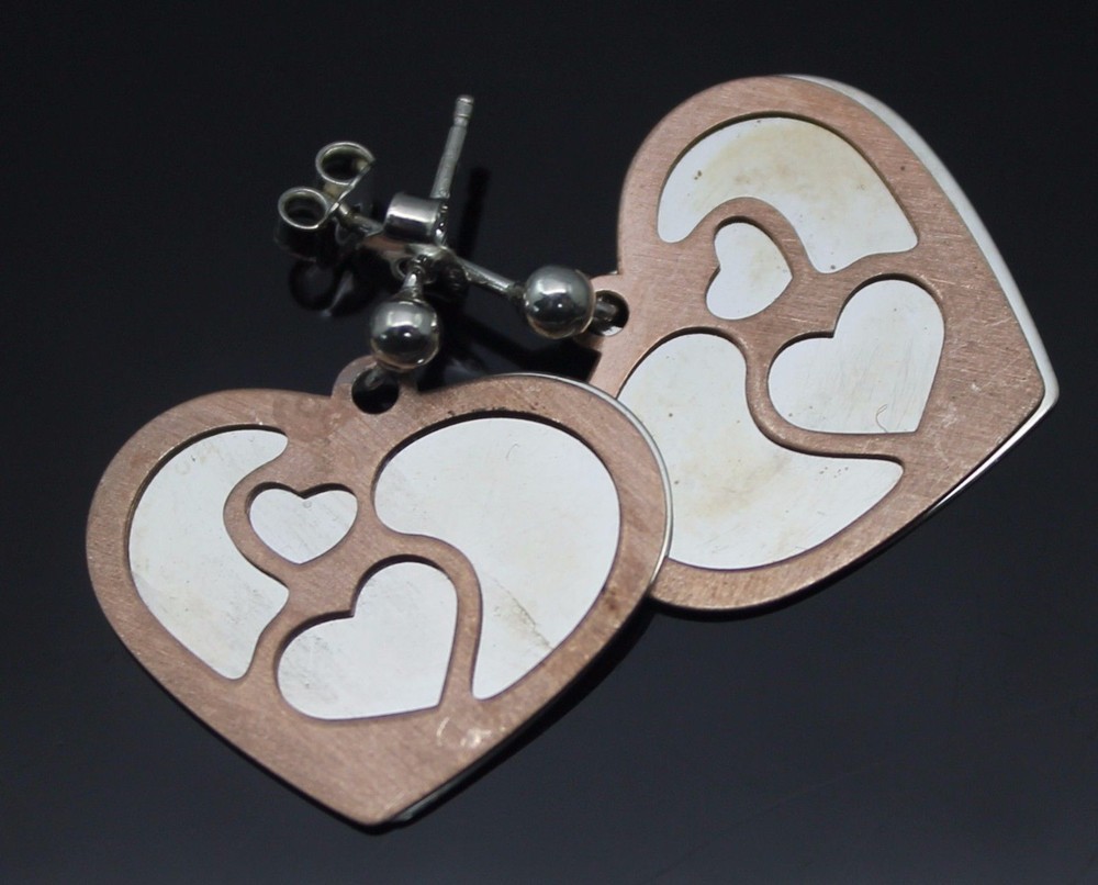 CHARMING SLIDING DANGLE HEART TWO TONE STERLING SILVER POST EARRINGS