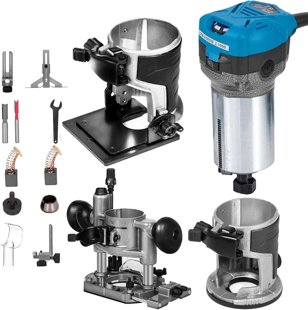 Compact router 1.25HP with fixed base, insert base and tilt base