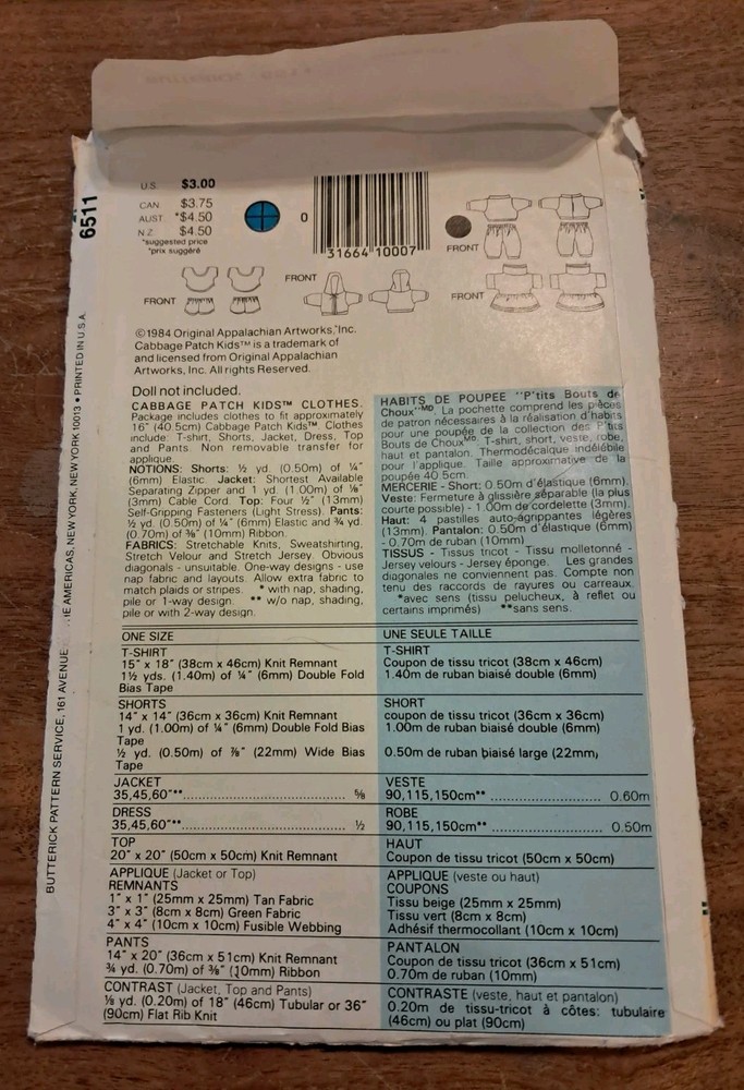 Butterick 6511 Cabbage Patch Kids Clothes Pattern