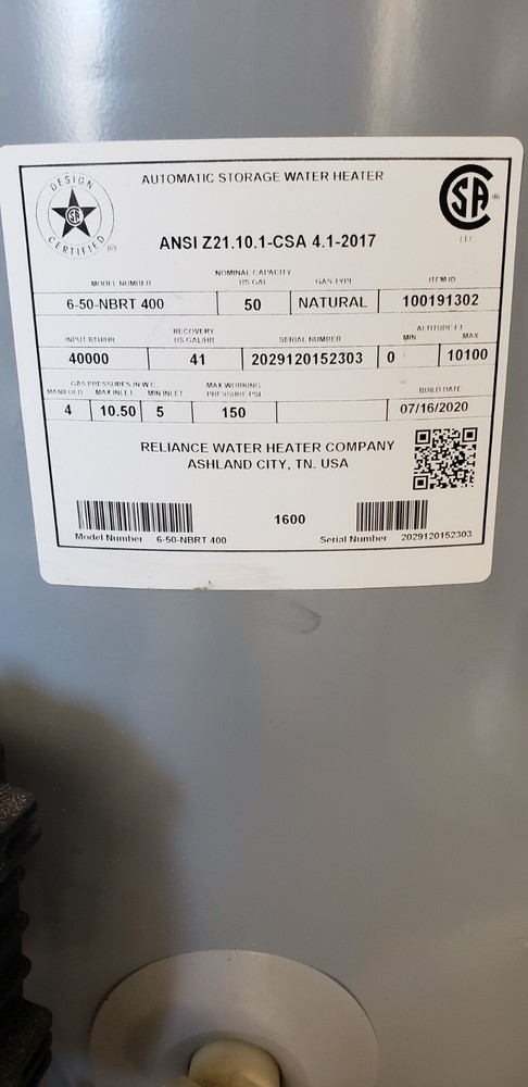 RELIANCE 50 Gallon 40000 Btu Natural Gas Water Heater