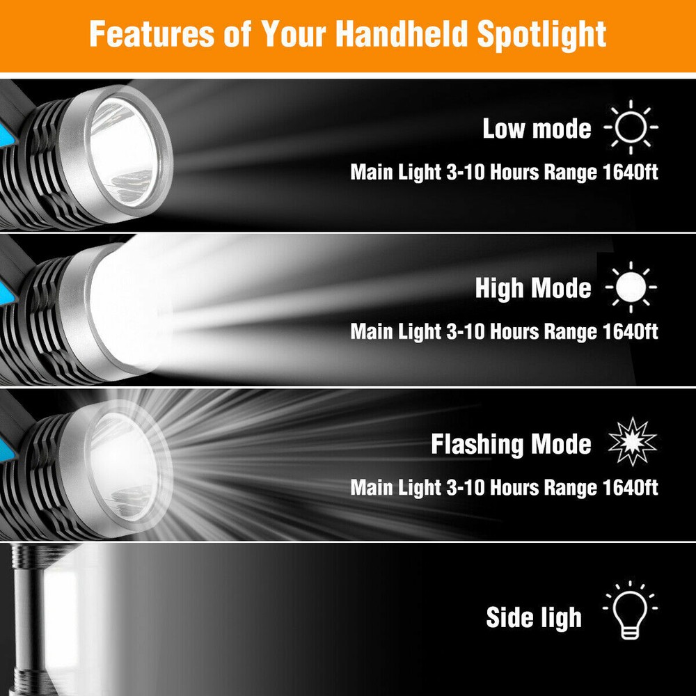 Super Bright LED Searchlight Portable Rechargeable Spotlight Handheld Flashlight