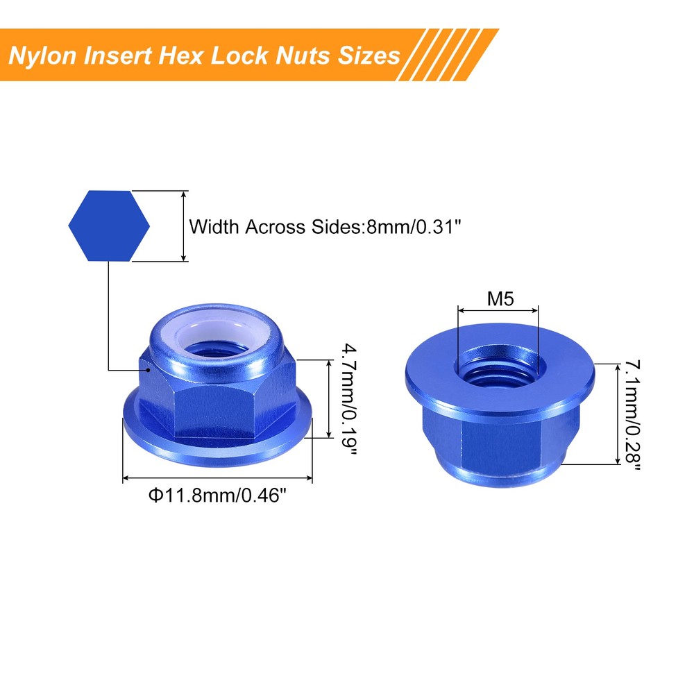 Nylon Insert Hex Lock Nuts, 4pcs - M5x0.8mm Self-Locking Nut(Sapphire Blue)