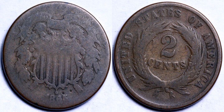 1865 Two Cent Piece - Repunched Date Error