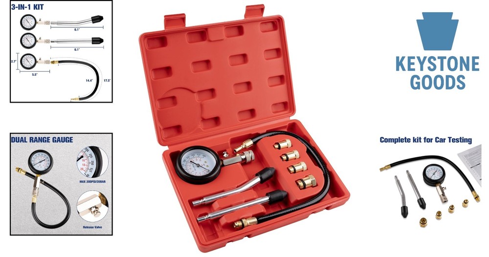 8 pcs Petrol Engine Compression Tester Kit with Dual Scale Gauge & Storage Box