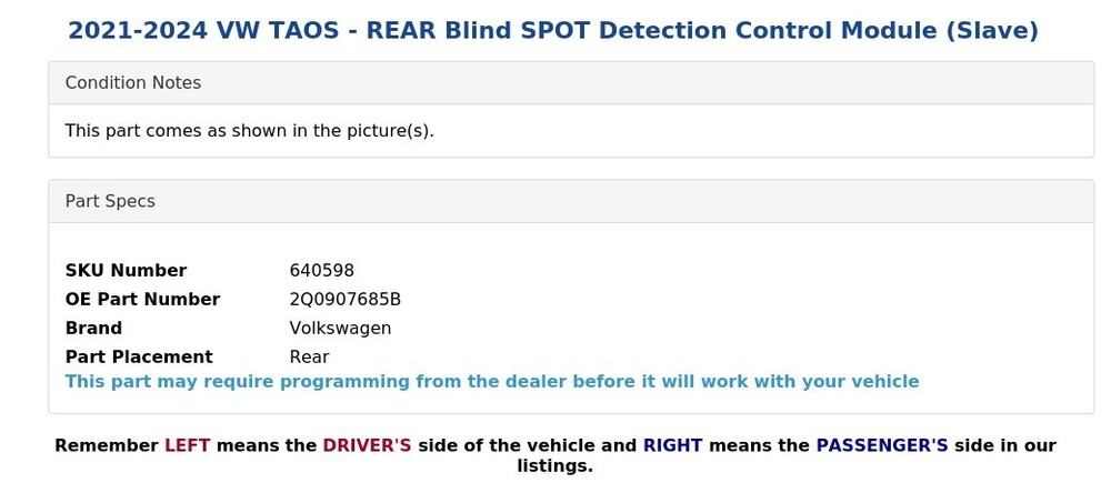 2021-2024 VW TAOS - REAR Blind SPOT Detection Control Module (Slave)