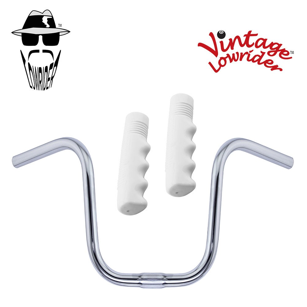 Original Lowrider 9" 25.4 U Handlebar Chrome 120mm Grips Solid/White