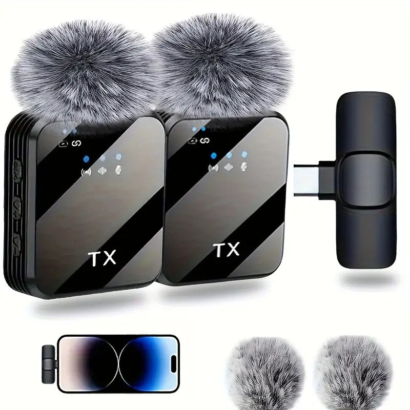 3 in 1 Microphone for iPhone/Android/Camera, Wireless Lavalier Black-3in1