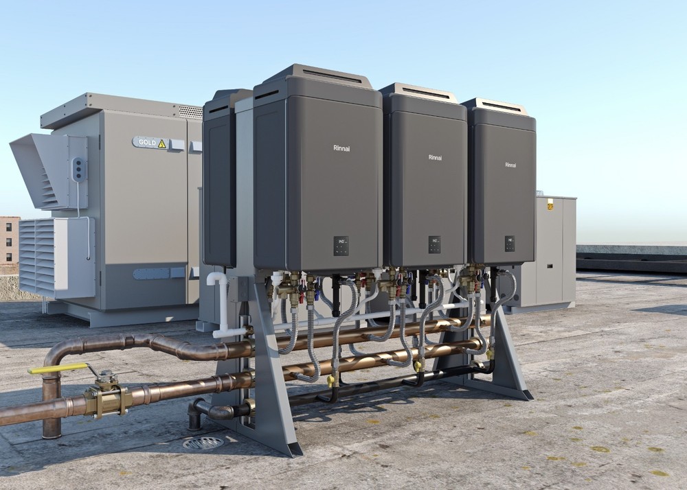Rinnai Commercial Rack System With Six Tankless Water Heater Freestanding
