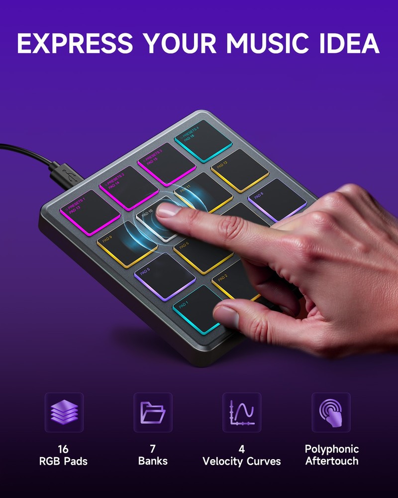 Donner STARRYPAD MINI MIDI Drum Pad Controller | USB & Wireless 16 RGB Pads Grey