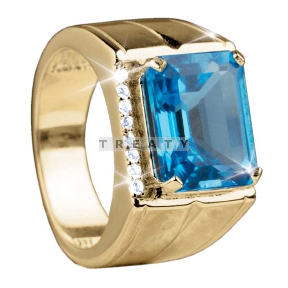 Blue Topaz Emerald Cut With 14K Solid   Gold  Ring For Men's #33