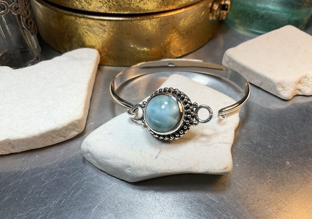 Genuine 925 Sterling Silver Larimar Gemstone Solid Clasp Bangle