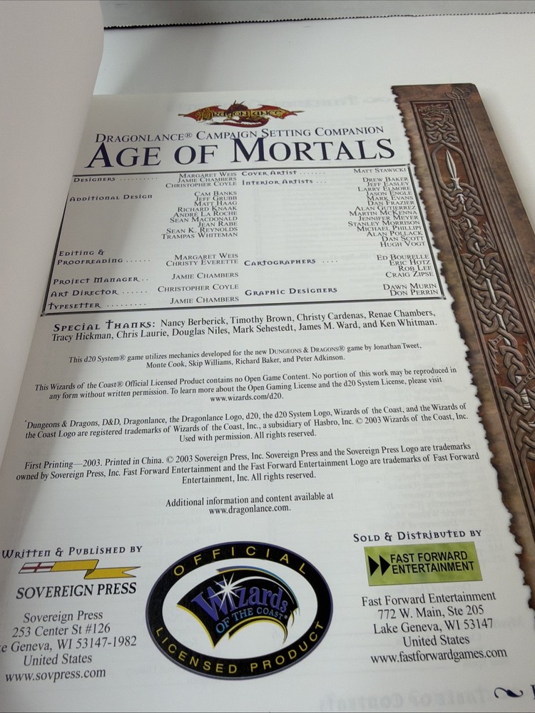 Dungeons & Dragons Dragonlance Age of Mortals Campaign Setting 2003