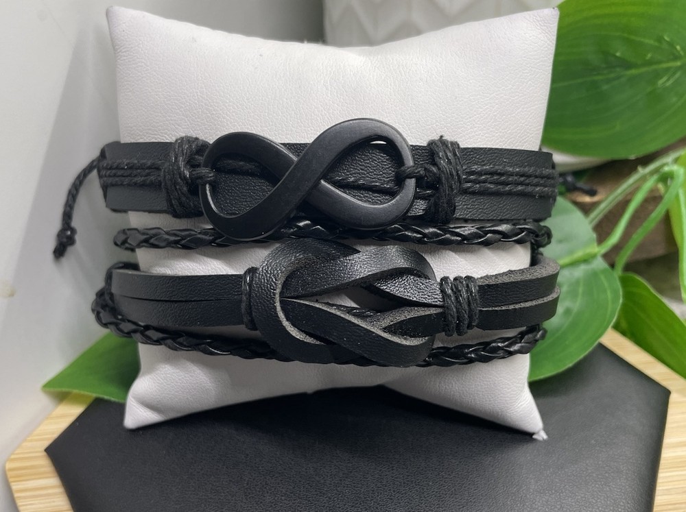 2 PC Leather Bracelet  Stackable Adjustable Tie Free Infinity Charm B5217