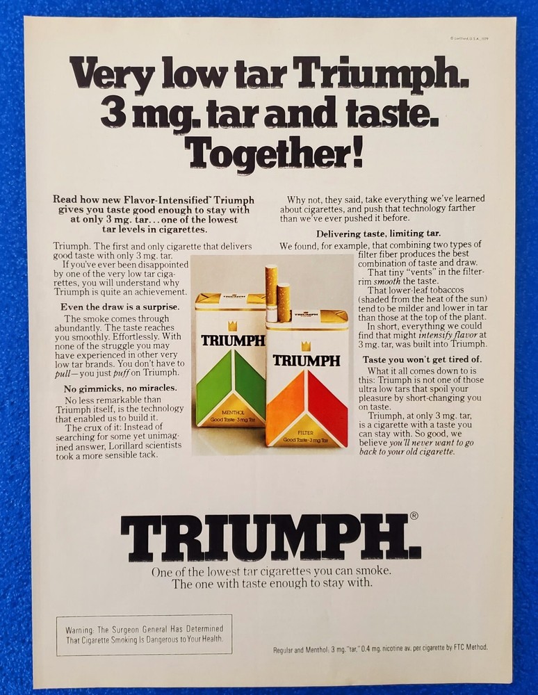 CLASSIC 1979 TRIUMPH CIGARETTE ORIGINAL PRINT AD "VERY LOW TAR TRIUMPH"