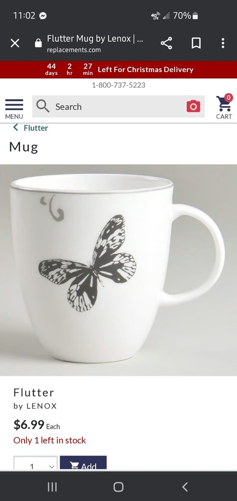 LENOX FLUTTER MUG 3 5/8" - Black ButterflyGrey White