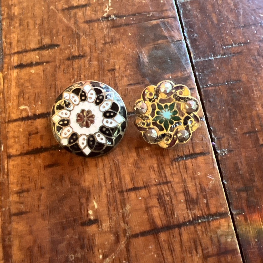 2 SMALL ANTIQUE ENAMEL  METAL BRASS BUTTONS