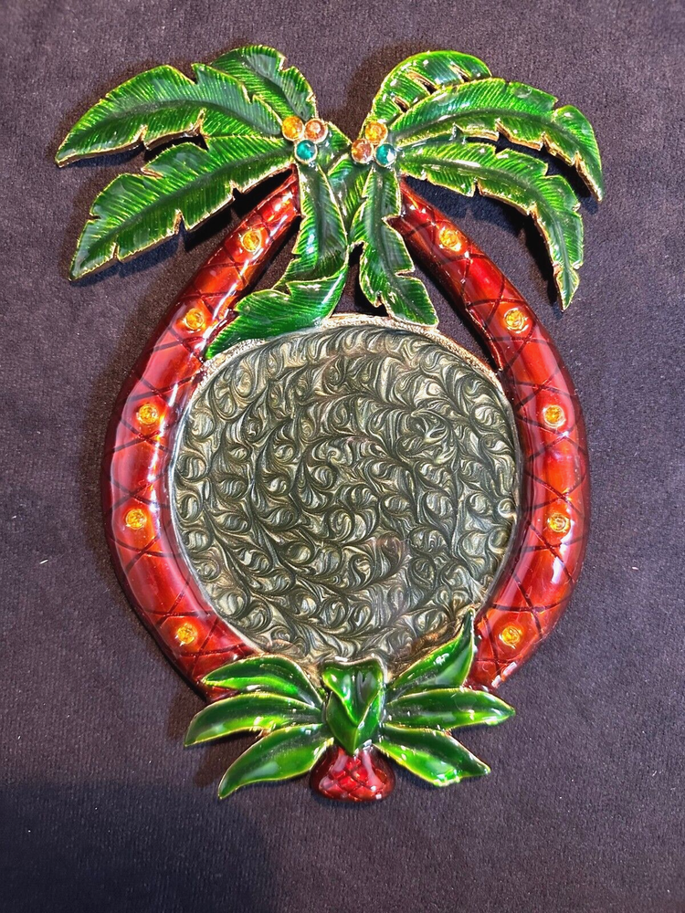 Solid Brass and Enamel Palm Trees Cup Plate Coaster Tray
