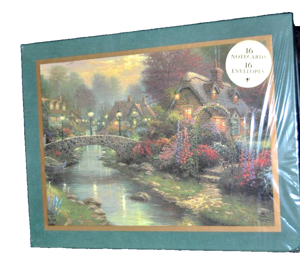THOMAS KINKADE Sealed! LAMPLIGHT & BLOSSOM BRIDGE 16 Note Cards & Envelopes 1997