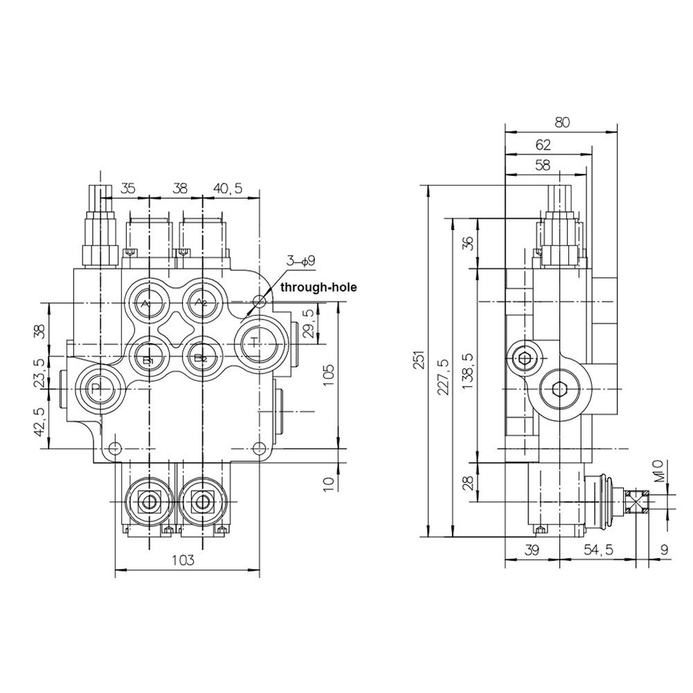2 Spool Remote Control Cable Joystick 80L/m 21gpm P80 Multi-Way Reversing Valve