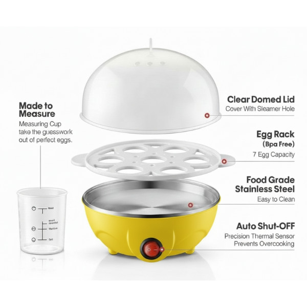 Automatic Electric Egg Cooker & Steamer | 7 Egg Capacity | Yellow & Black