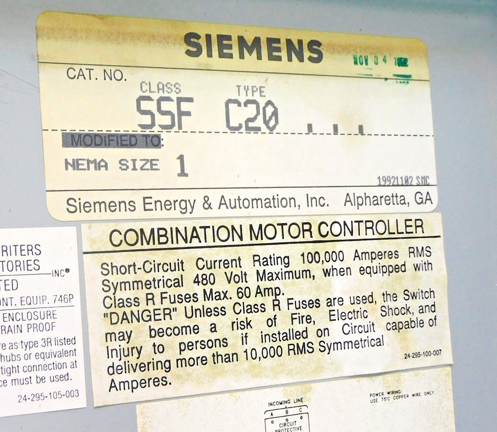 Siemens SSF C20 Combination Motor Controller Enclosure 480V 60A