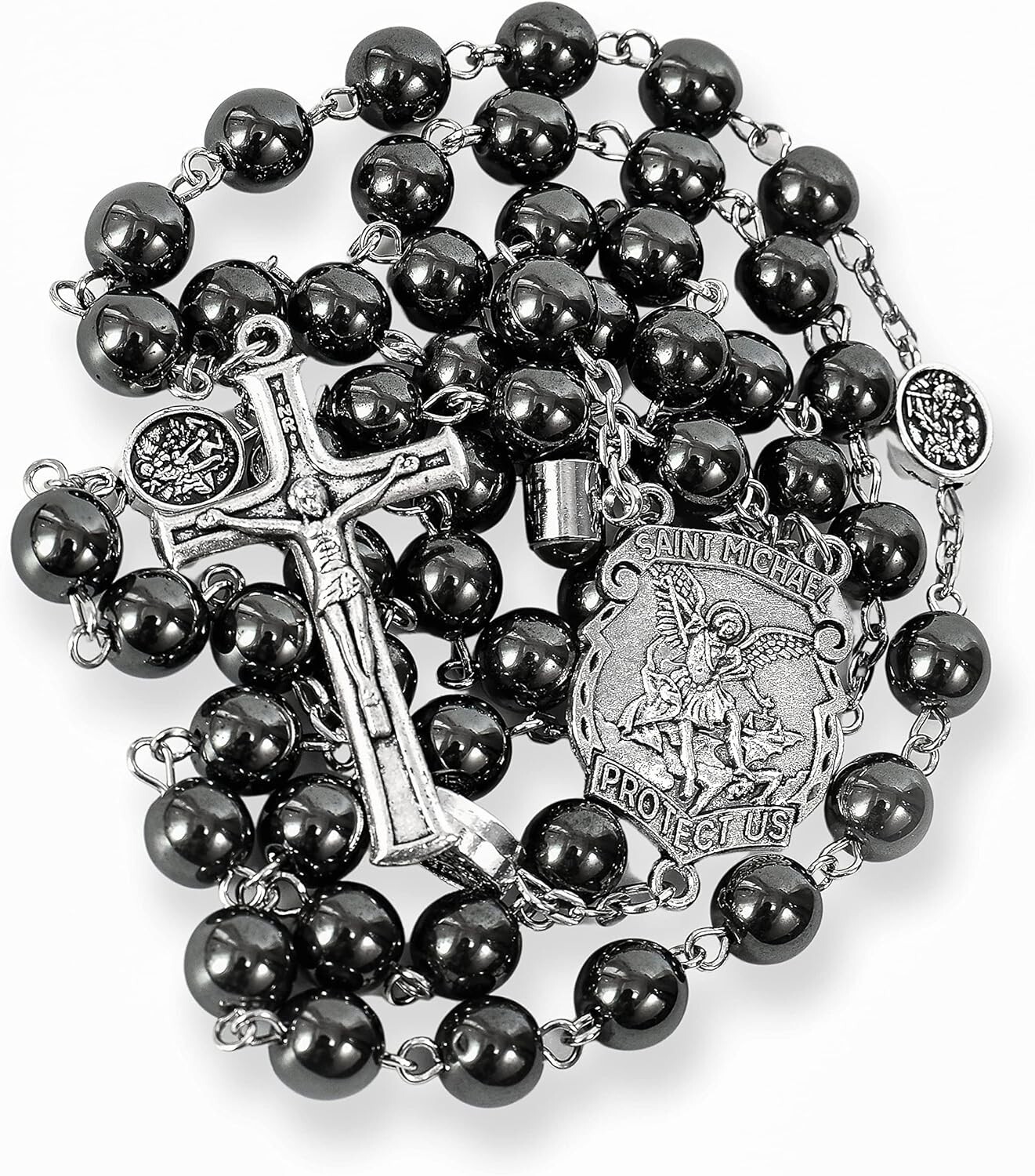 Hematite Black Stone Beads Rosary Necklace with St Michael Centerpiece, Crucifix