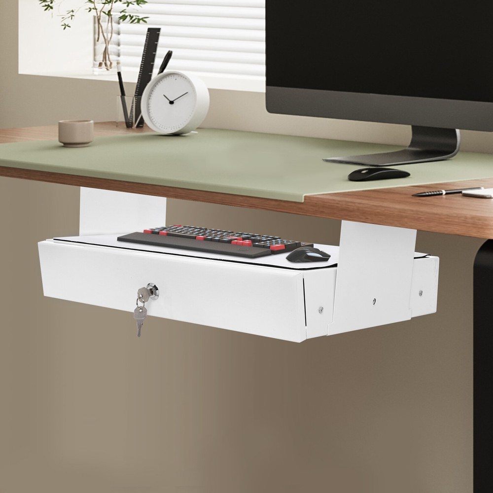 Sliding Pull-Out Drawer Under Desk for Office Organization, White