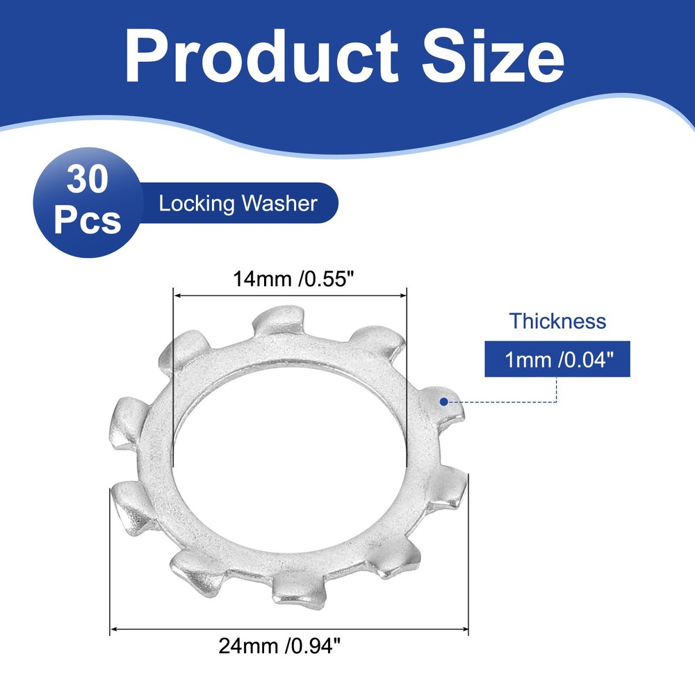 30 Pcs Locking Washer, M14 304 Stainless Steel External Tooth Washer, Silver