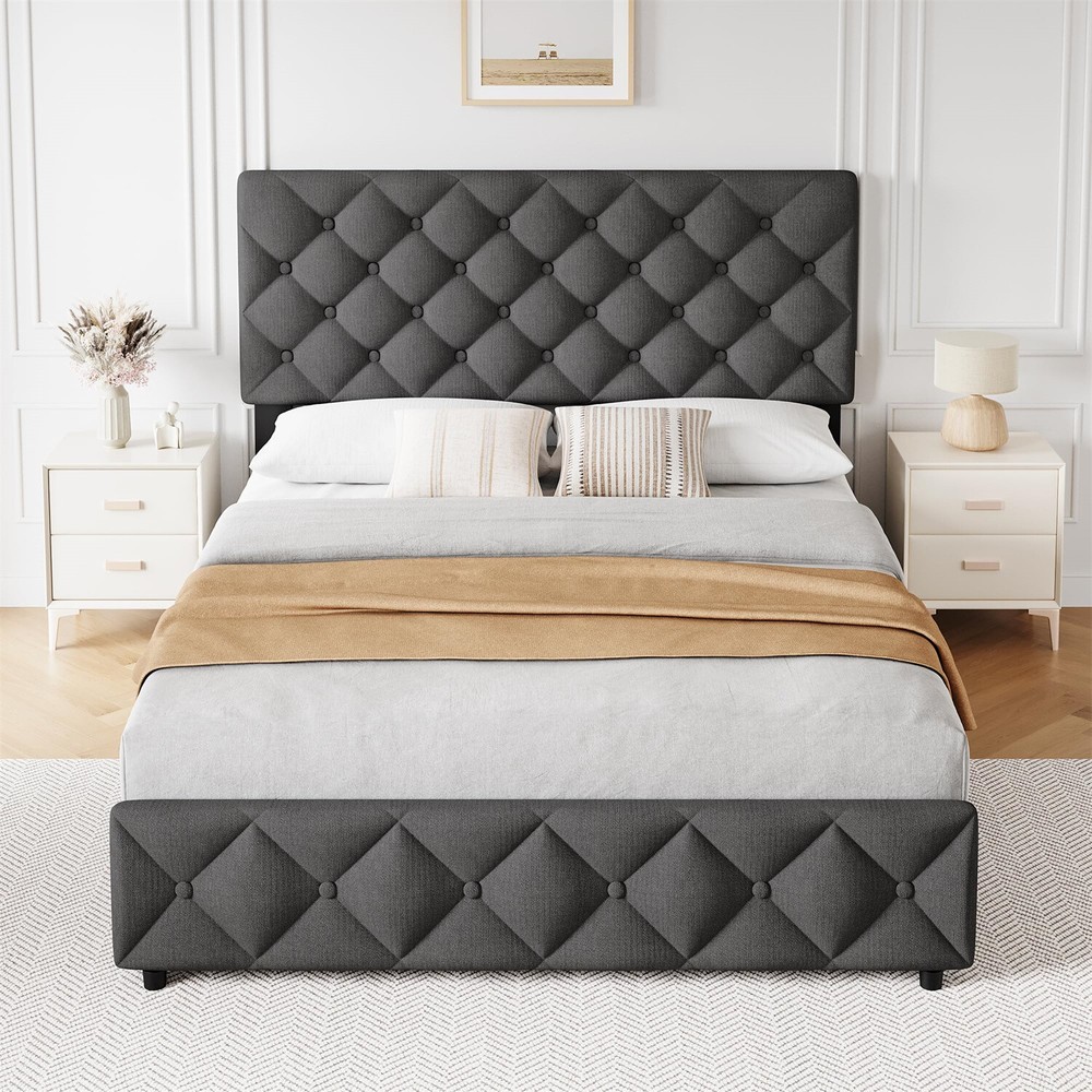 ⏯✅4 Storage Drawers and Headboard Queen Bed Frame Upholstered Platform Bed Frame