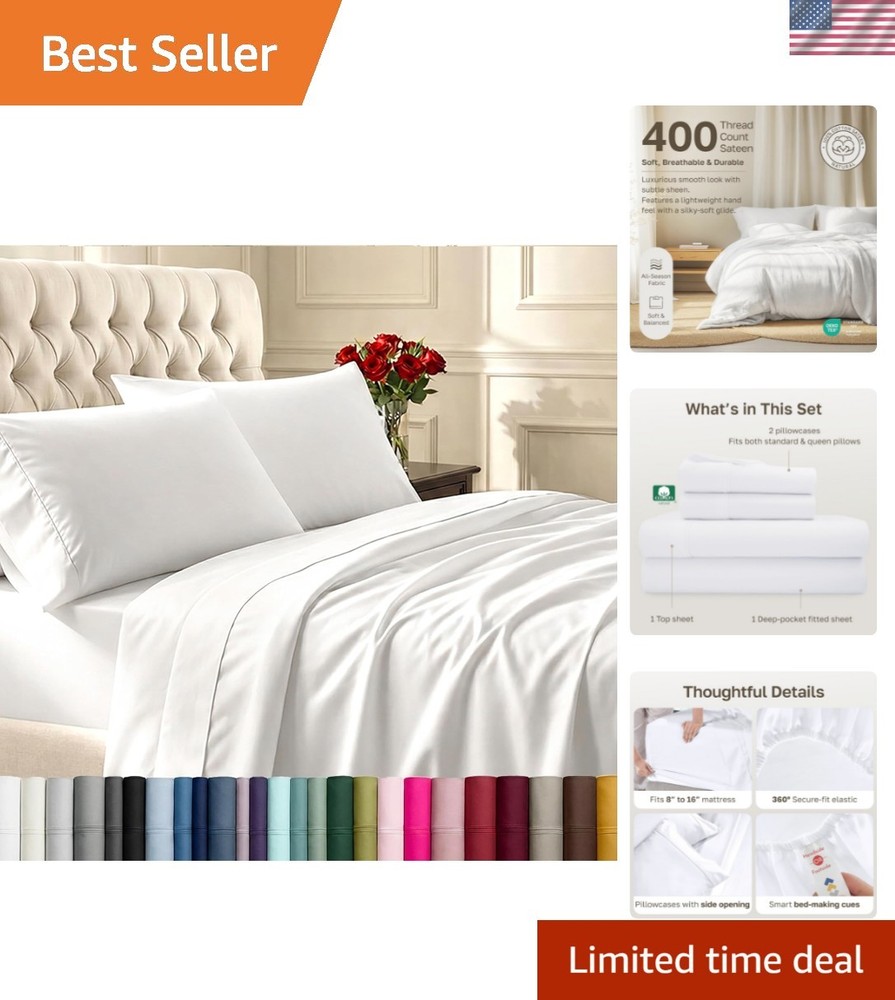 Natural 100% Cotton Sheets Queen Size Bed Set - Soft 400 Thread Count Sateen,...
