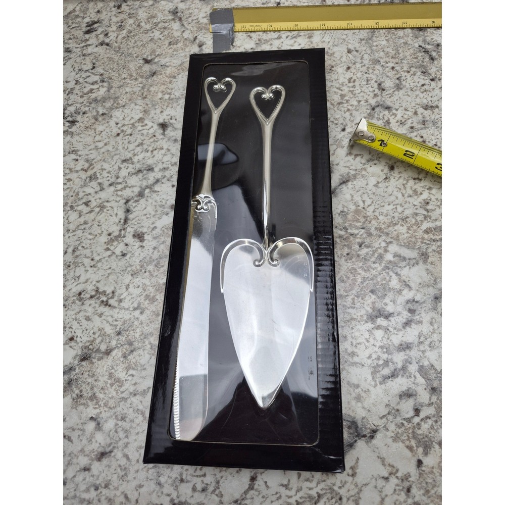 Studio His & Hers Serving Set Cake Knife Server Heart Design Silver Tone