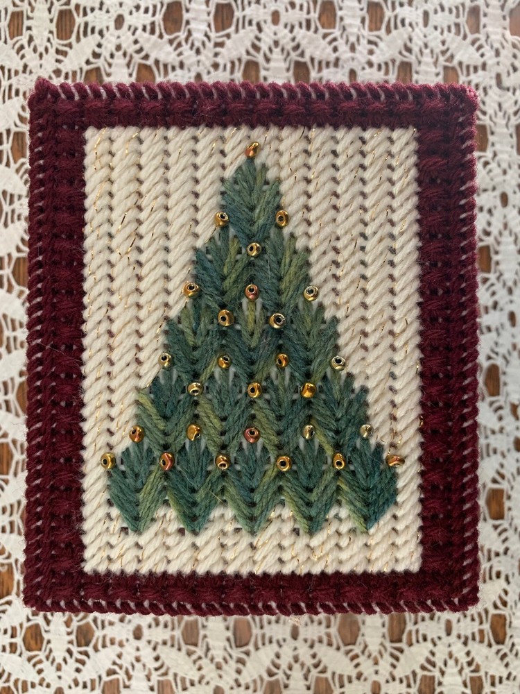 Handmade Needlepoint Plastic Canvas Tissue Box Cover - Beaded Christmas Tree