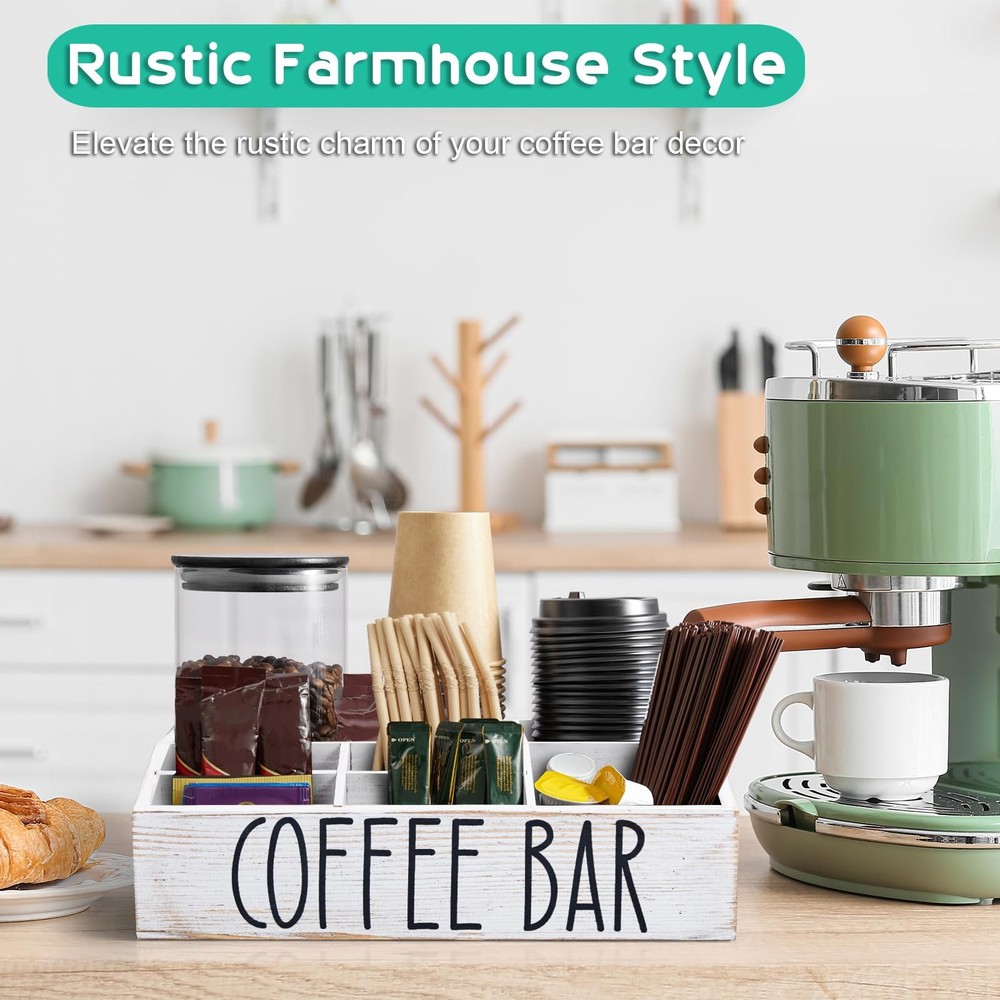 White Coffee Station Organizer Countertop 7 Compartment Rustic Bar Decor