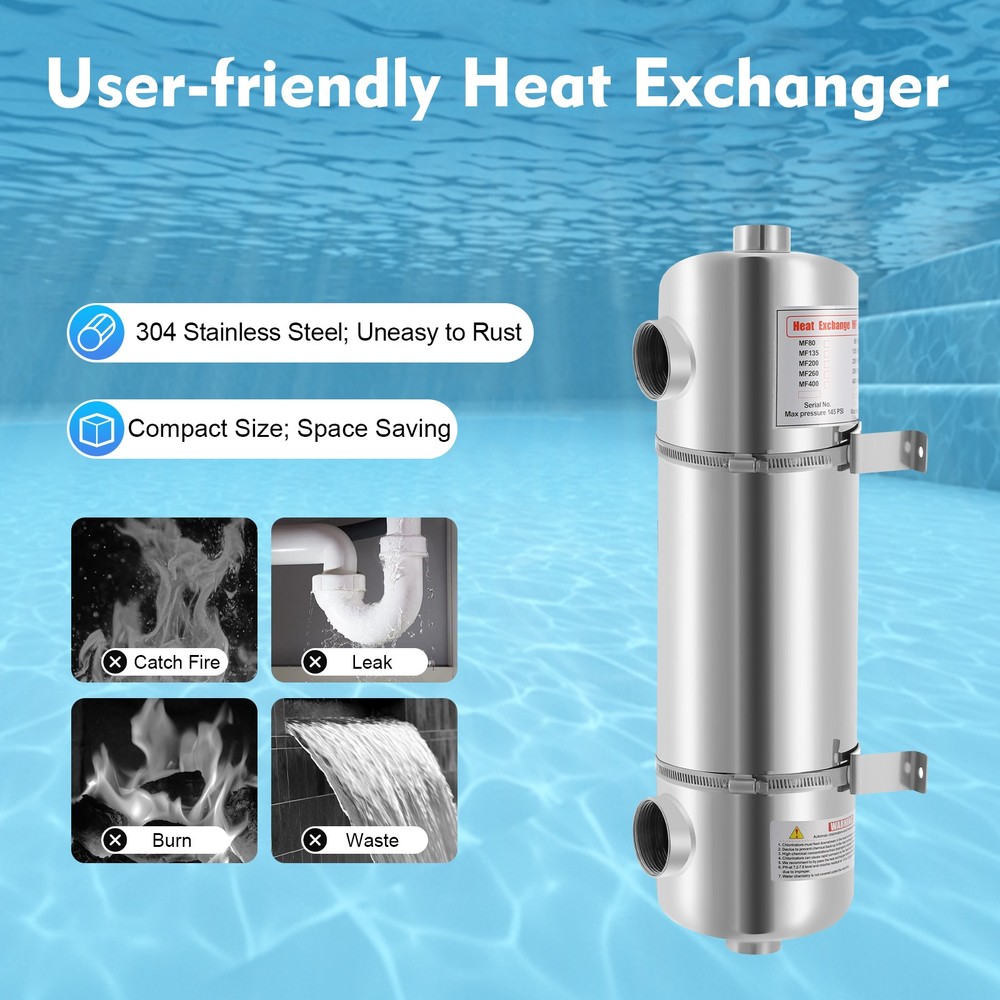 200KBTU Heat Exchanger 1INCH +1 1/2" FPT for Salt Water Swimming Pool Spa SS304