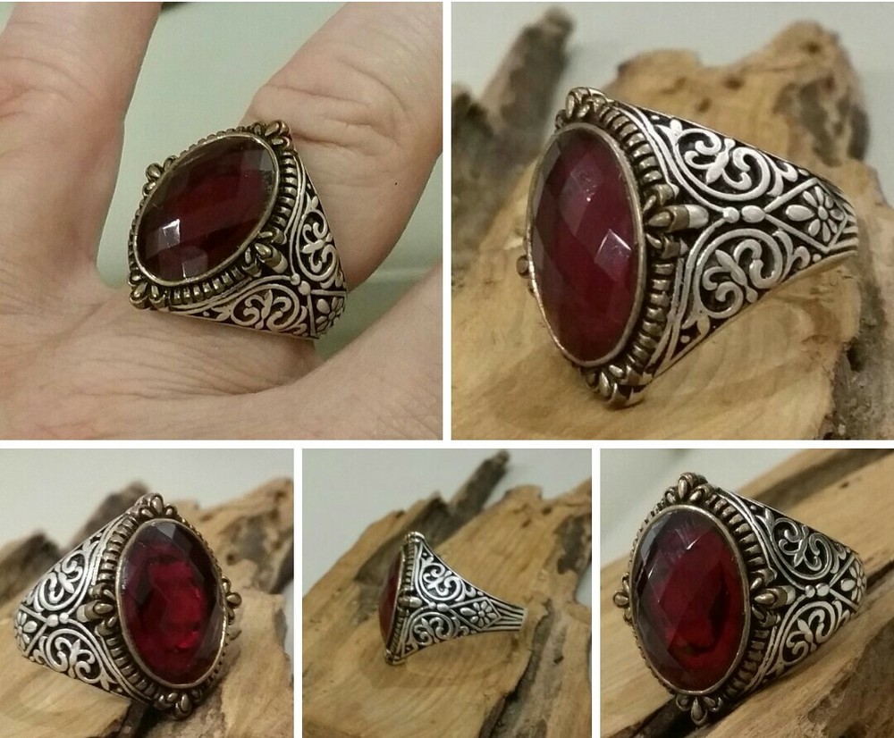 Mens 925 Silver Ring Red Tourmaline Seal Ruby Sterling Man Ring $