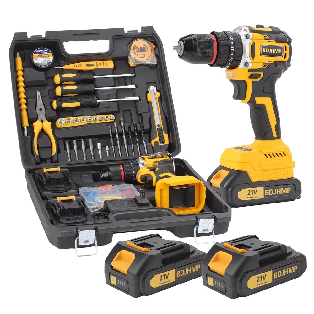 3/8" Brushless Compact Drill Tool Set, 85N.m 21V Cordless Drill Box with 2 * ...