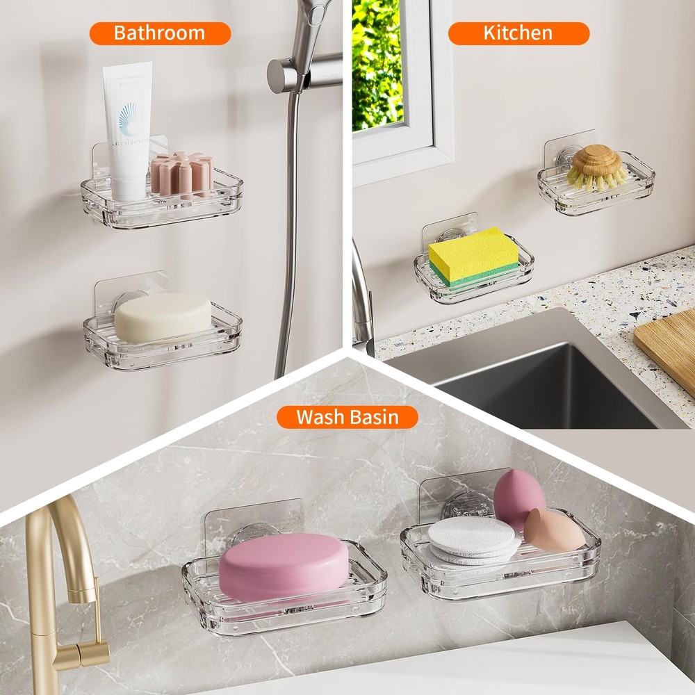 Bar Soap Dish 2 Pack,Self Draining Holder for 4, 2 Pack Clear