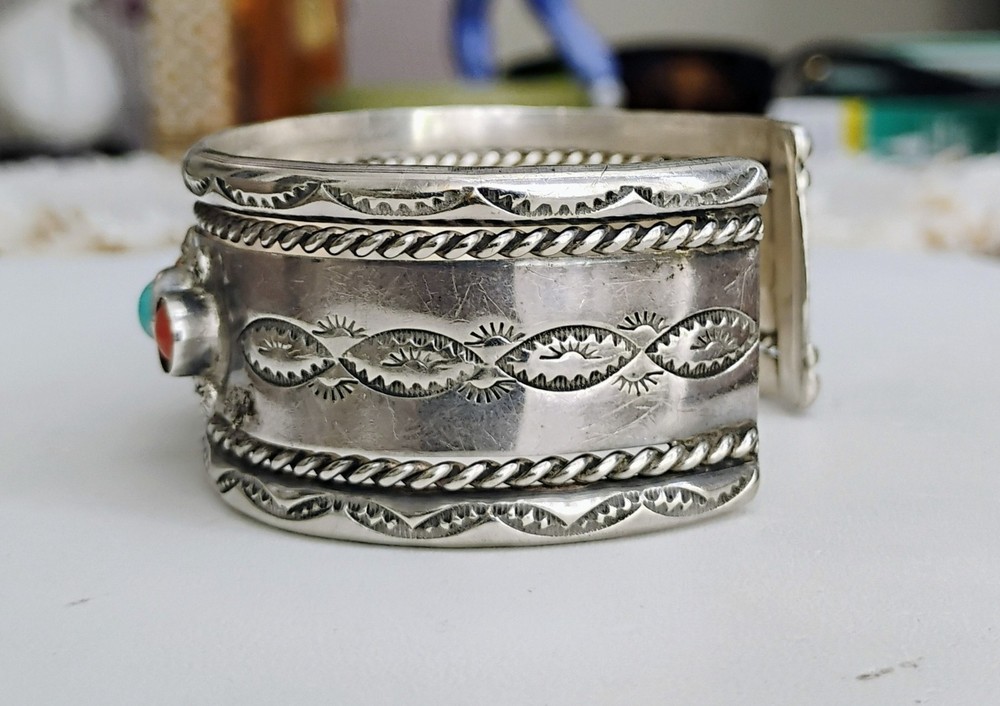 VINTAGE NAVAJO SILVER TURQUOISE CORAL CUFF