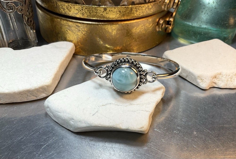 Genuine 925 Sterling Silver Larimar Gemstone Solid Clasp Bangle