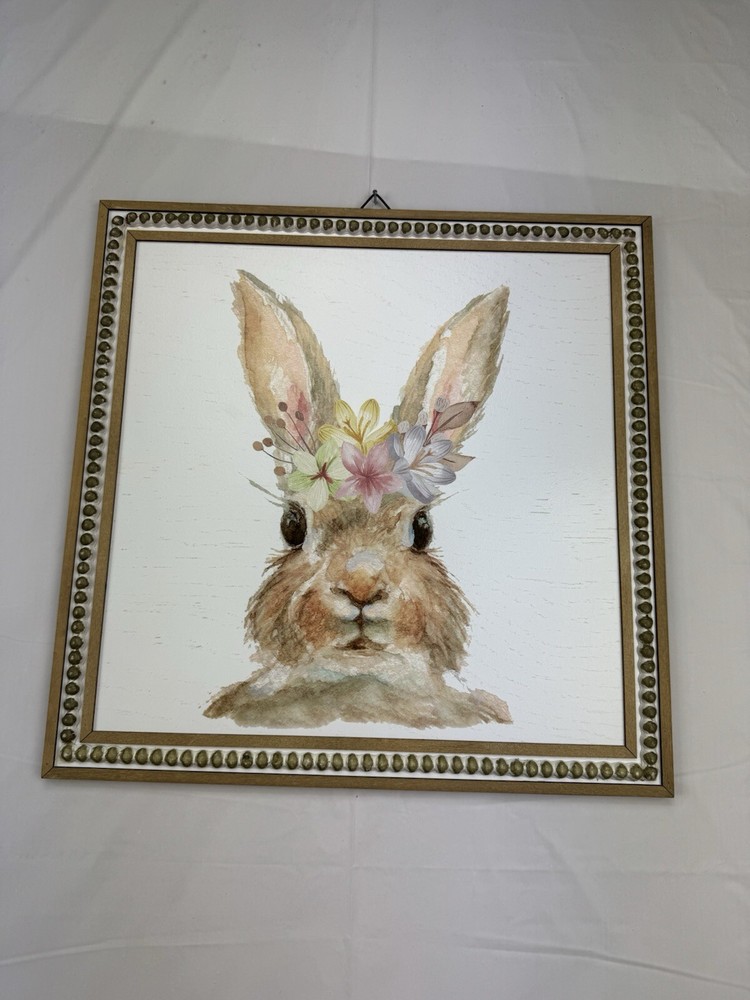EASTER DECOR RUSTIC CUTE BUNNY FACE LARGE 16 X 16" WOOD FRAME