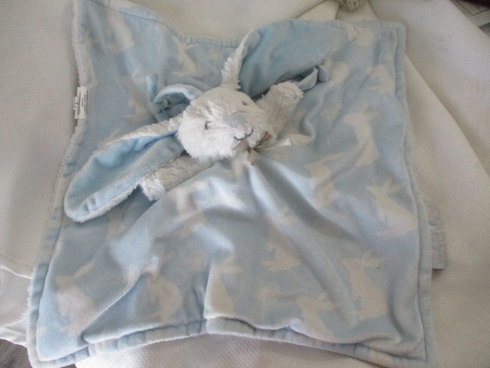 Blankets & Beyond Blue White Bunny Rabbit Print Security Blanket Pacifier Holder