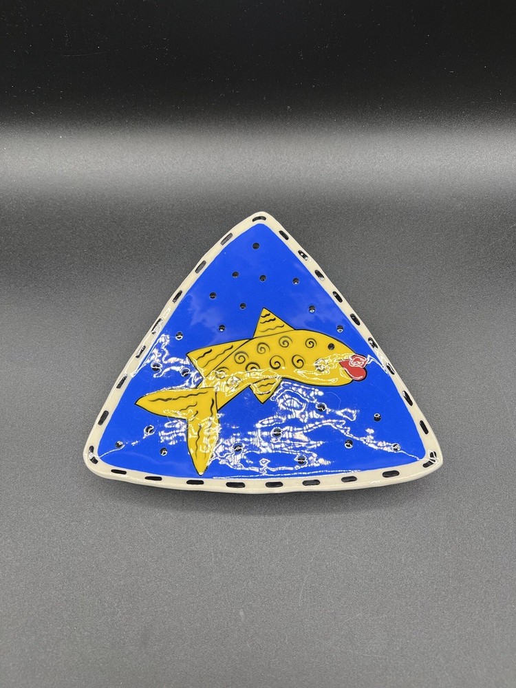 Hand Thrown Ceramic Raised Dish by DMF, Fish, Triangular Shape