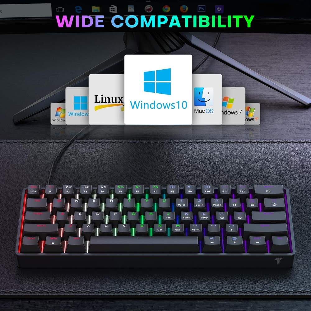 TECURS 60% Compact Mechanical Keyboard for Mac/Windows/PC, Ideal Black